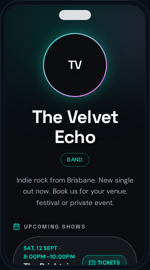 Link-Set-GO profile page with bio and upcoming shows